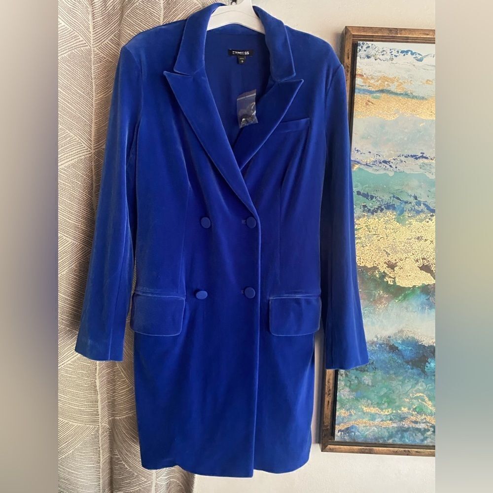EXPRESS Blue Velvet Double Breasted Button Blazer Jacket Mini Dress Sz Small NEW